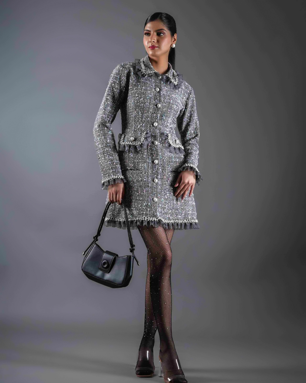 Sephora Grey Dress With Frills & Pearls