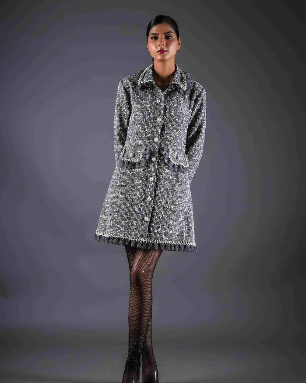 Sephora Grey Dress With Frills & Pearls