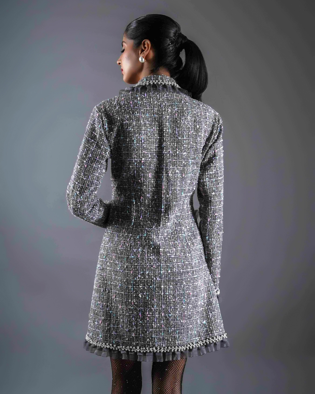 Sephora Grey Dress With Frills & Pearls