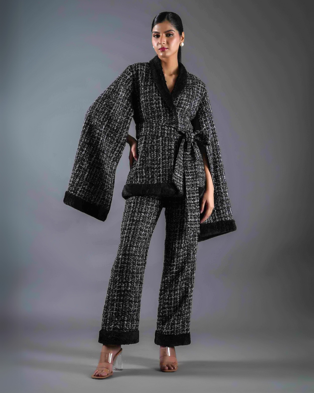 Ember Black Tweed & Fur Kimono With Belt