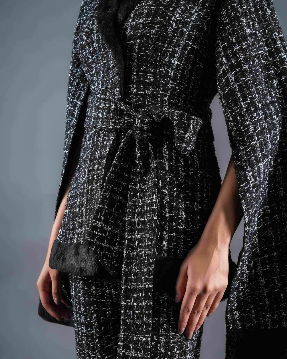 Ember Black Tweed & Fur Kimono With Belt