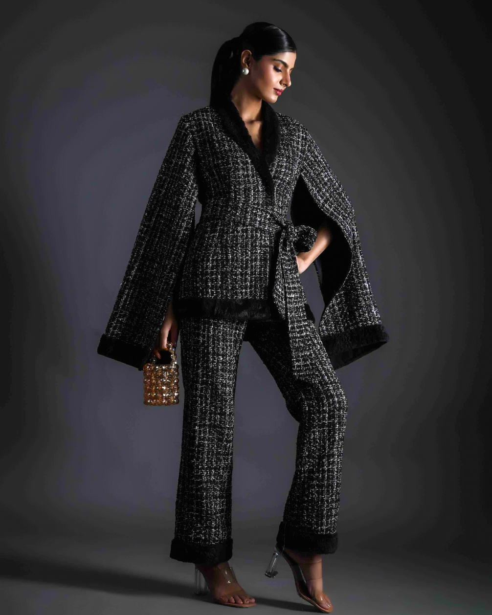 Ember Black Tweed & Fur Kimono With Belt