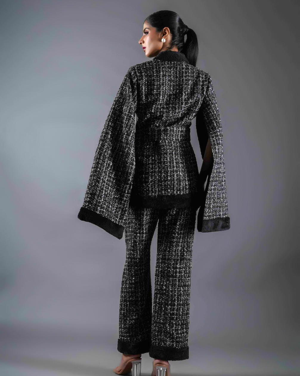 Ember Black Tweed & Fur Kimono With Belt