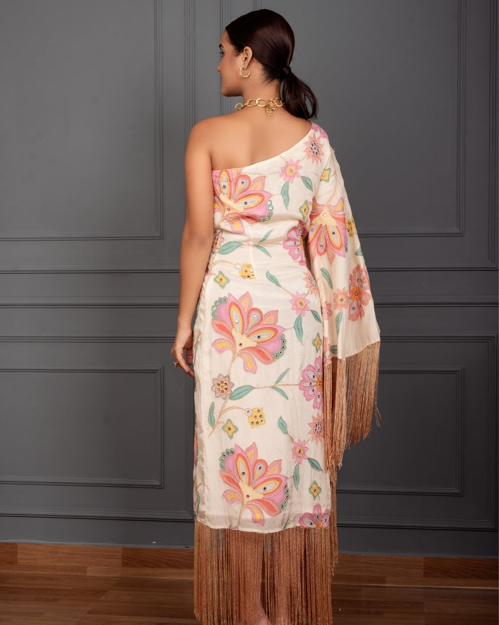 LAYA EMBROIDERED ONE SHOULDER KAFTAN FRINGES DRESS
