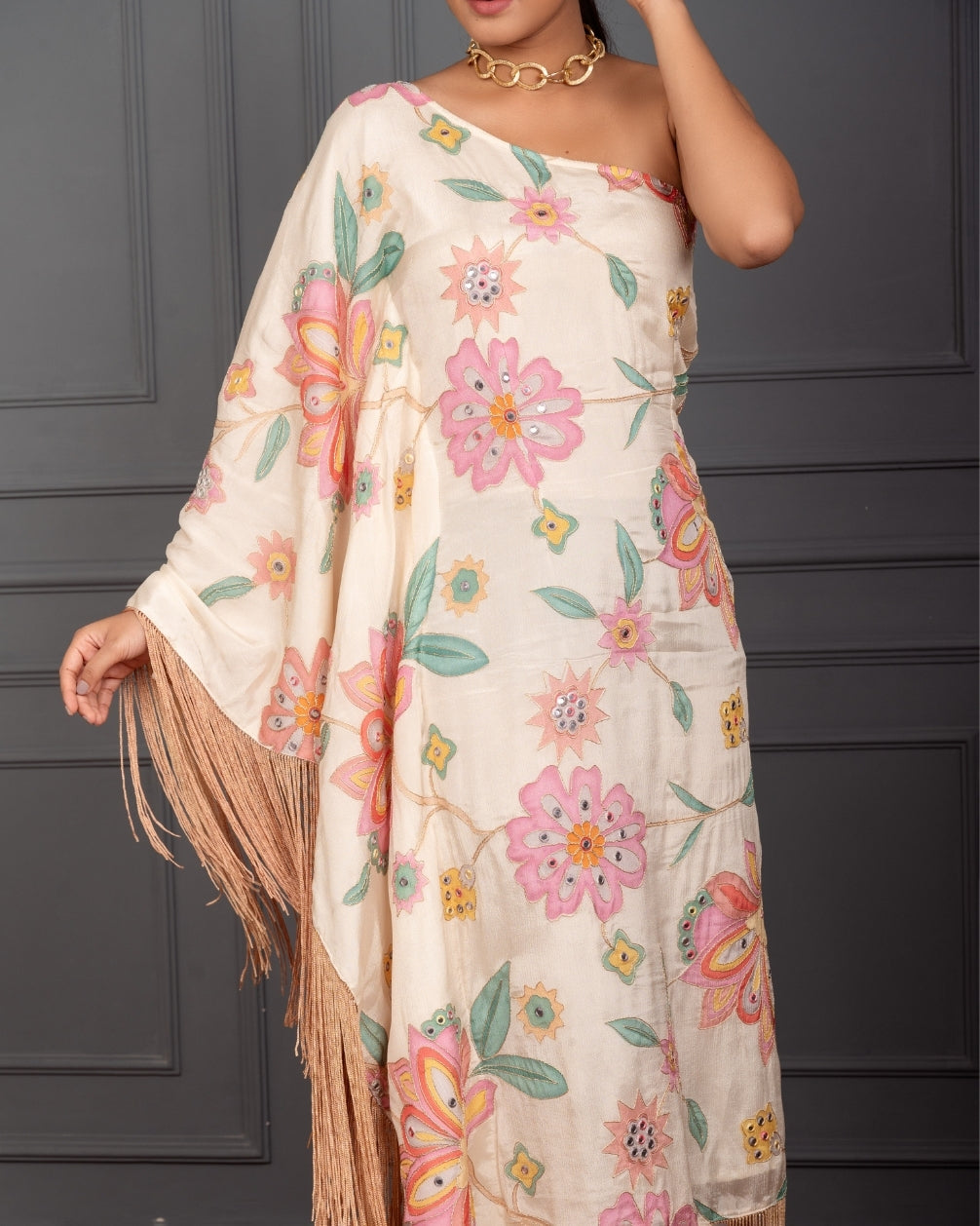 LAYA EMBROIDERED ONE SHOULDER KAFTAN FRINGES DRESS