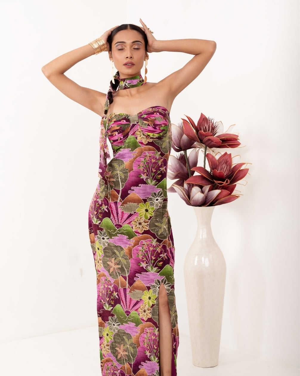 AALIYA EMBROIDERED SCARF NECK DRESS