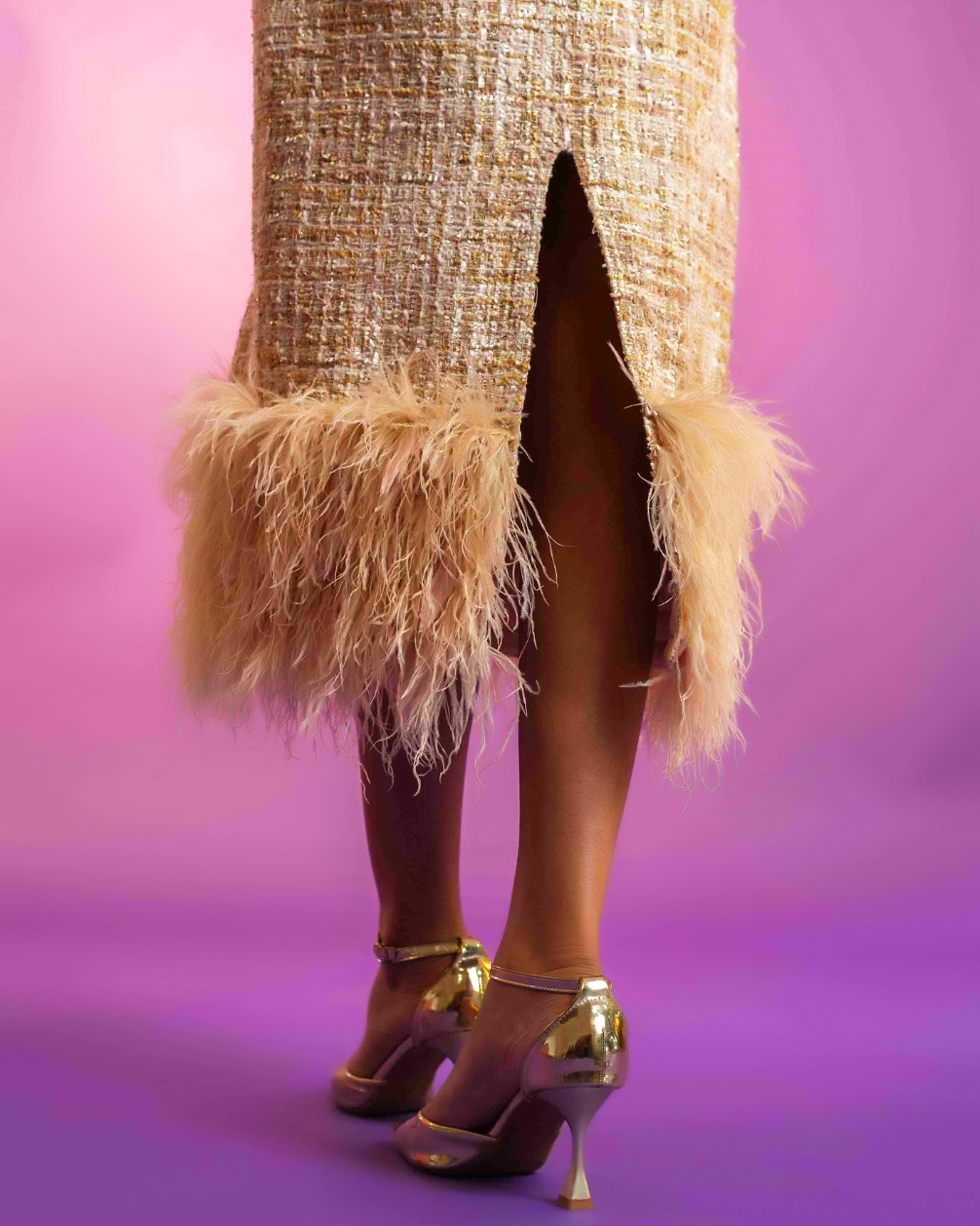 Sylvie Golden Tweed Feather Midi Dress