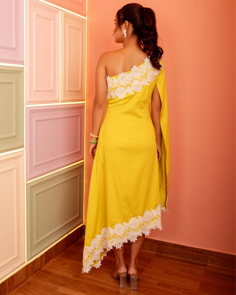 LOLA ONE- SHOULDER CAPE SLEEVE MIDI DRESS