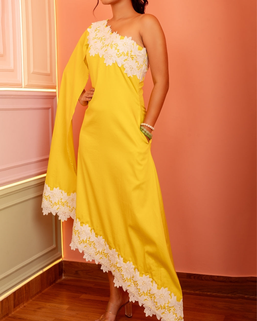 LOLA ONE- SHOULDER CAPE SLEEVE MIDI DRESS