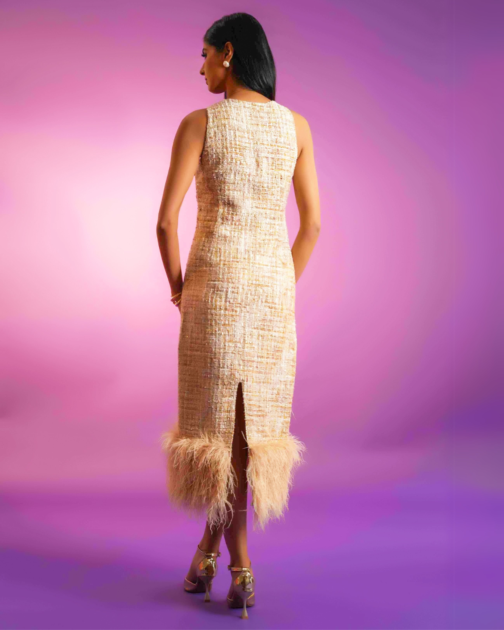 Sylvie Golden Tweed Feather Midi Dress