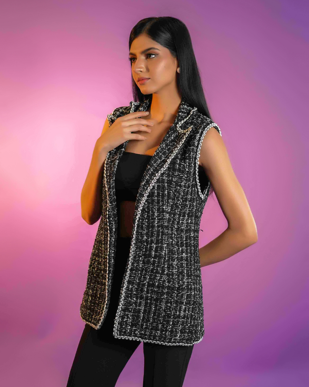 Darcy Black Tweed Sleeveless Jacket