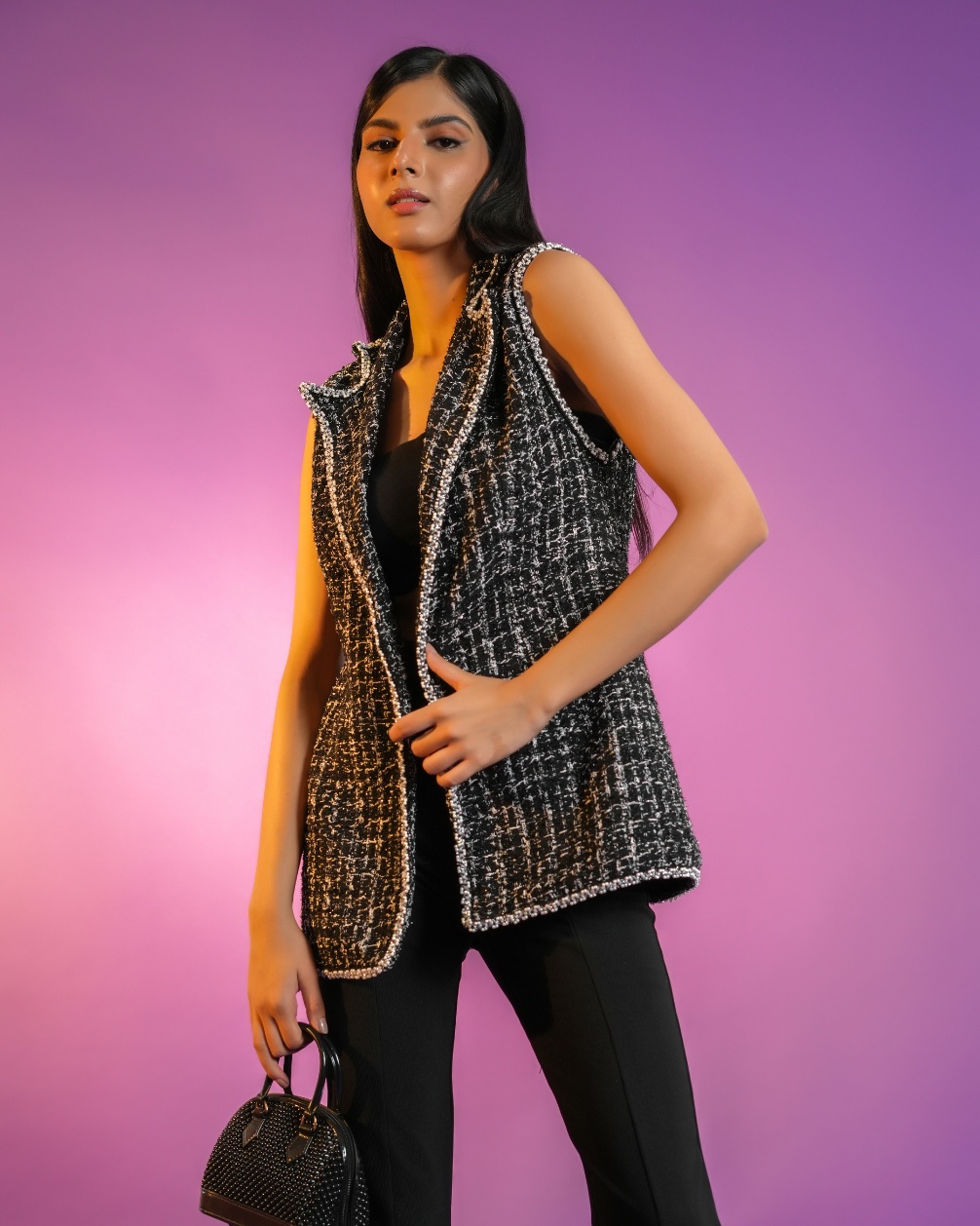 Darcy Black Tweed Sleeveless Jacket