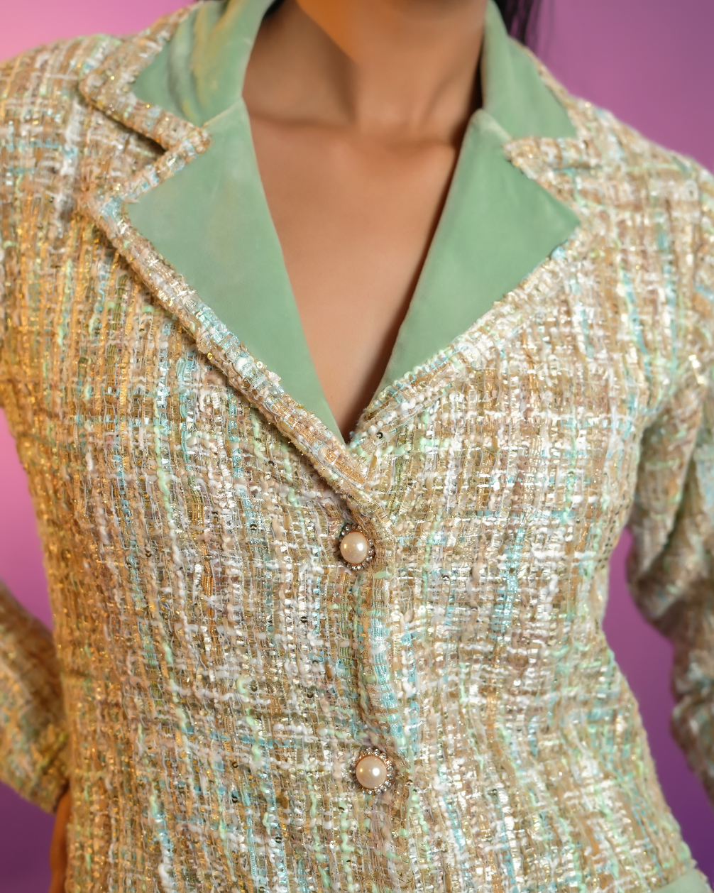 Charlotte Sea Green Tweed & Velvet Coat Dress
