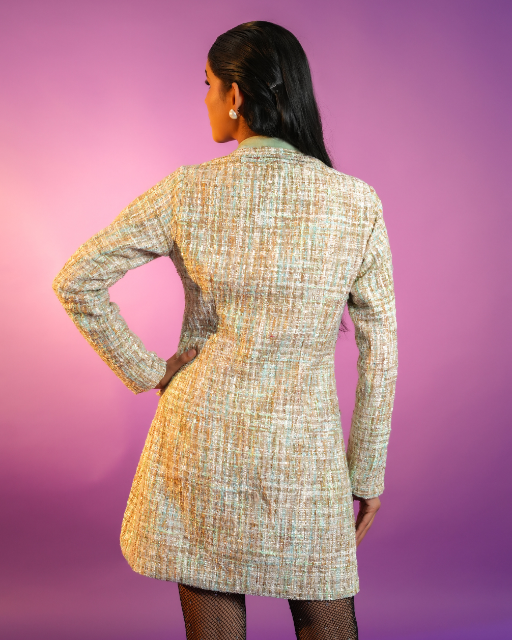 Charlotte Sea Green Tweed & Velvet Coat Dress