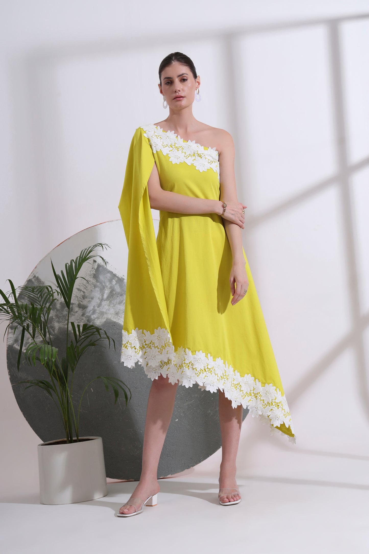 LOLA ONE- SHOULDER CAPE SLEEVE MIDI DRESS