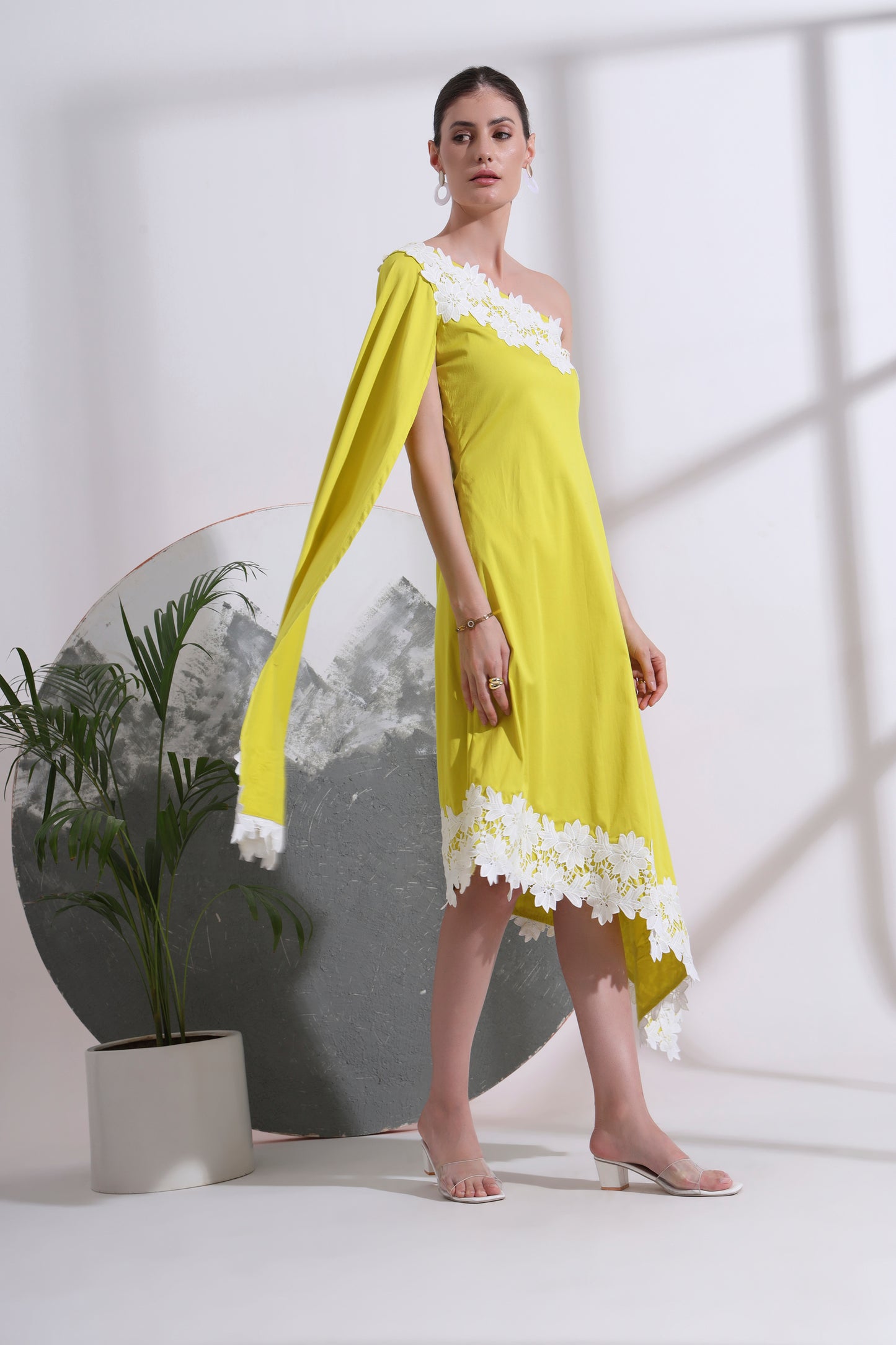 LOLA ONE- SHOULDER CAPE SLEEVE MIDI DRESS