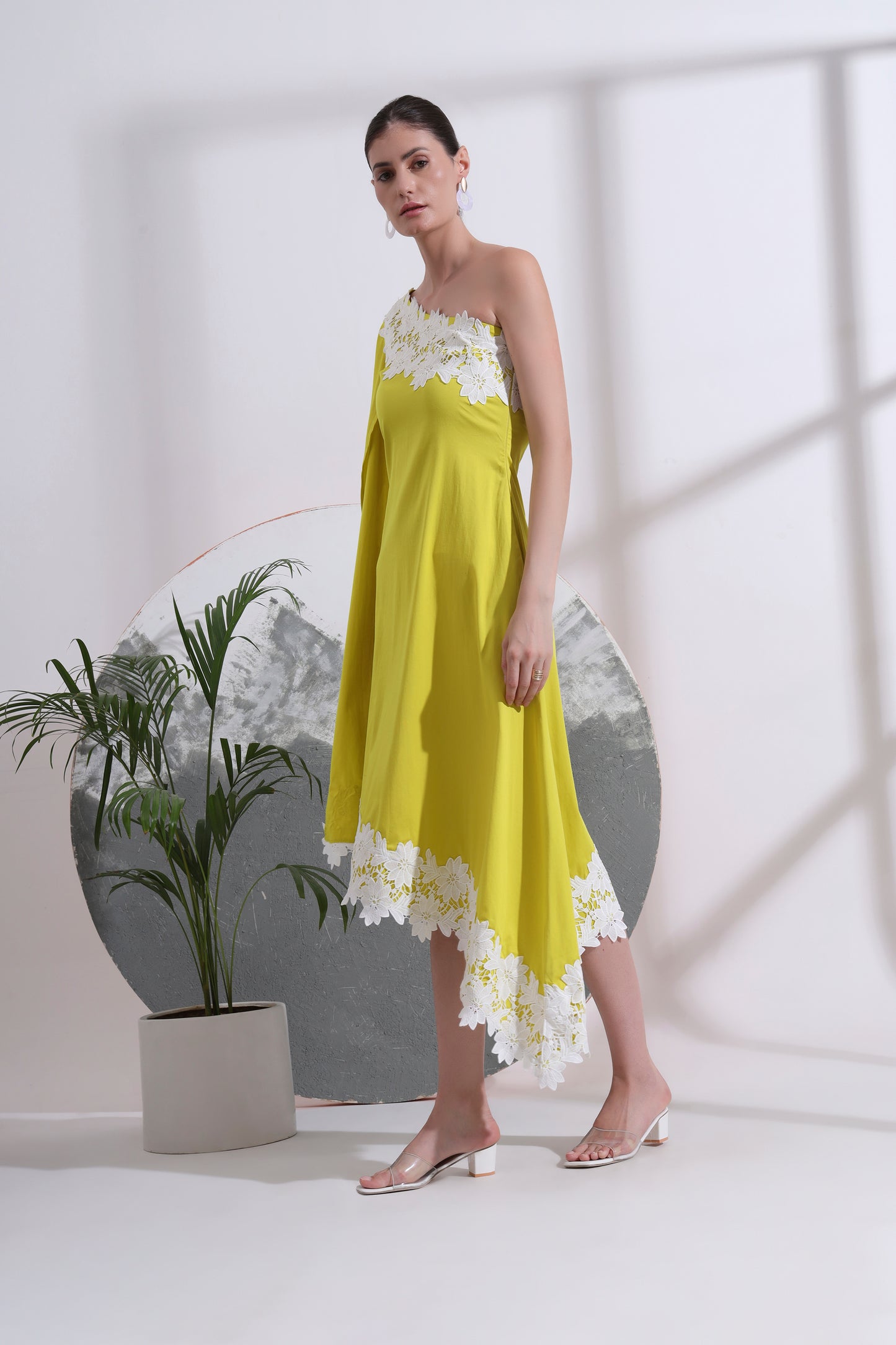 LOLA ONE- SHOULDER CAPE SLEEVE MIDI DRESS