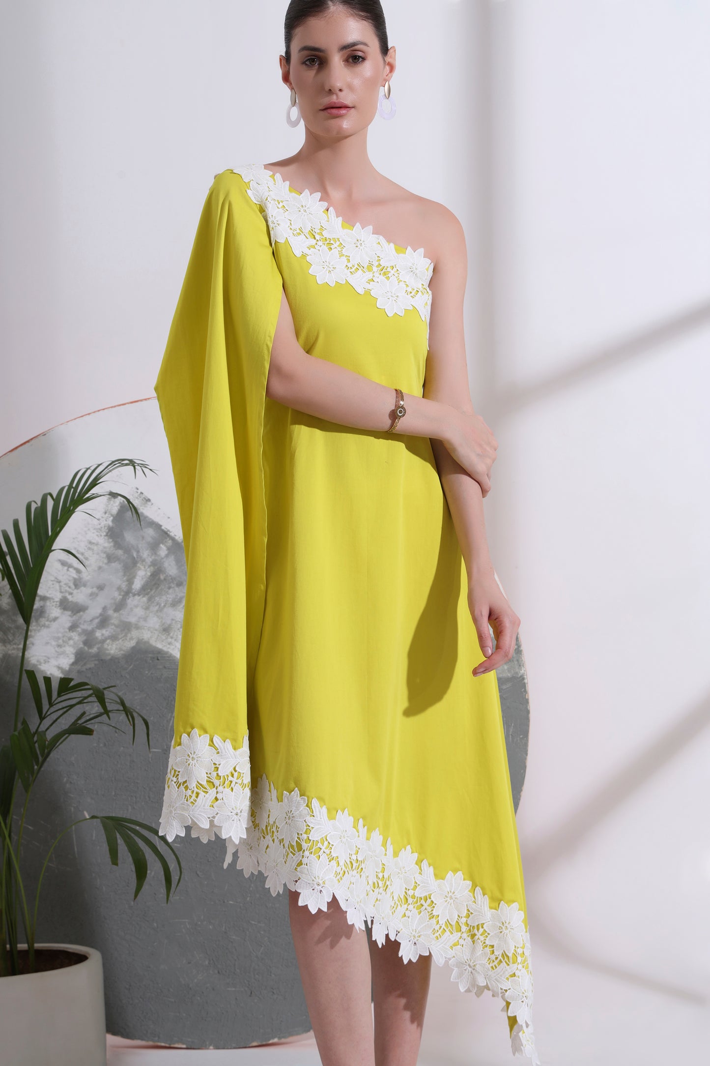LOLA ONE- SHOULDER CAPE SLEEVE MIDI DRESS