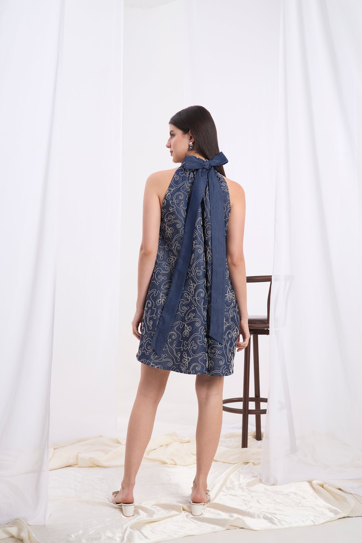 Alessia High Neckline Halter Denim Dress
