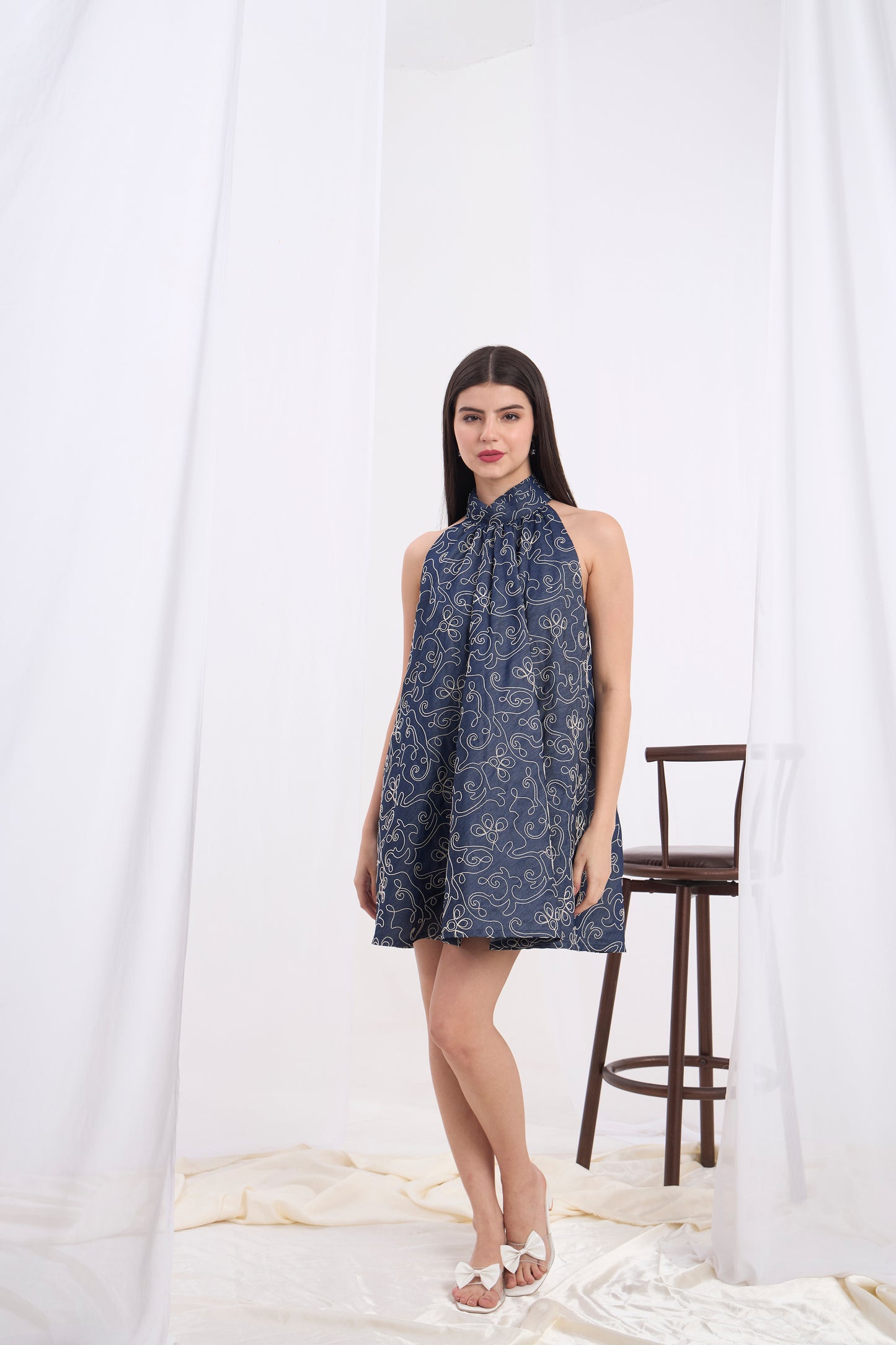 Alessia High Neckline Halter Denim Dress