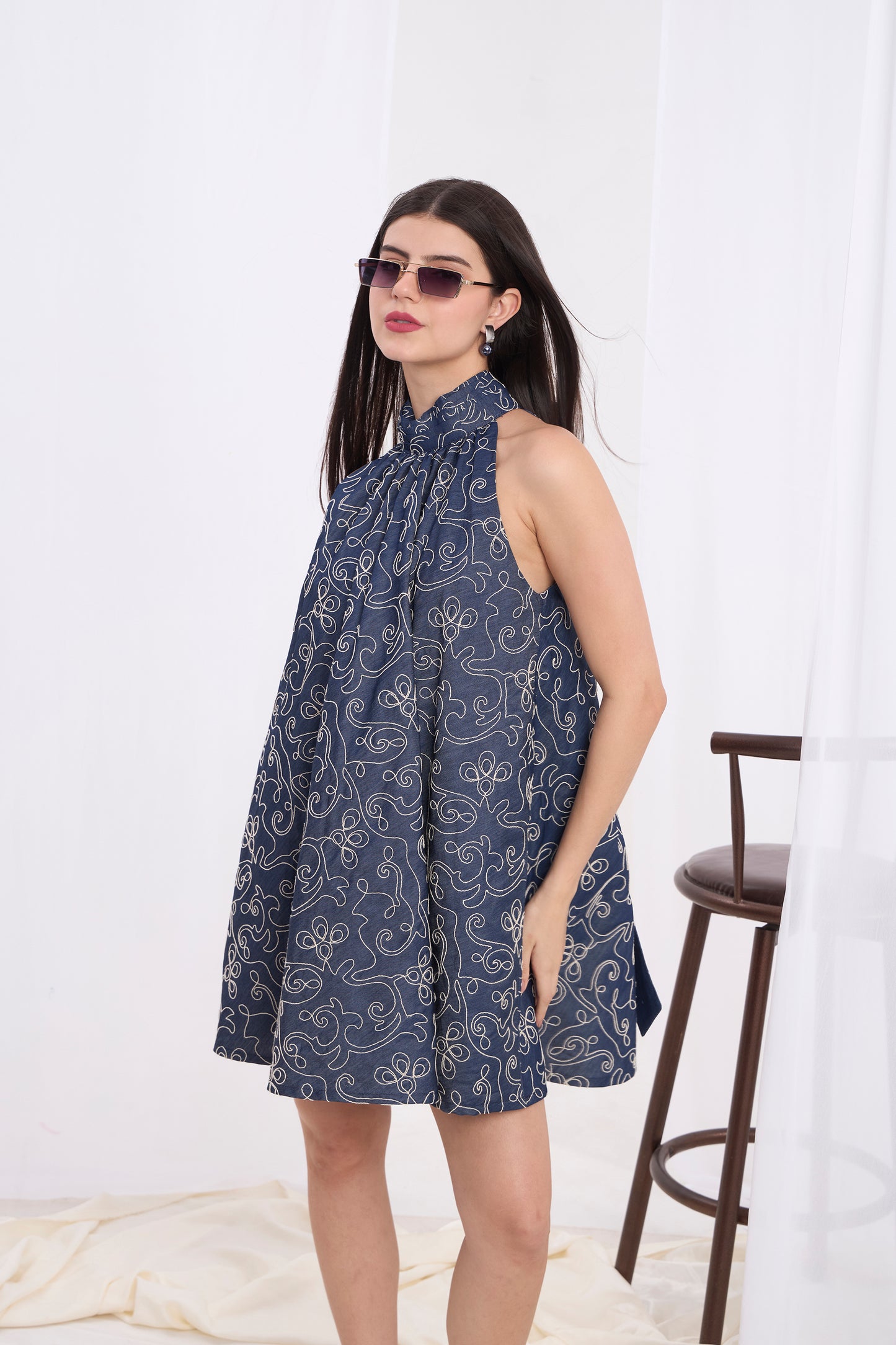 Alessia High Neckline Halter Denim Dress