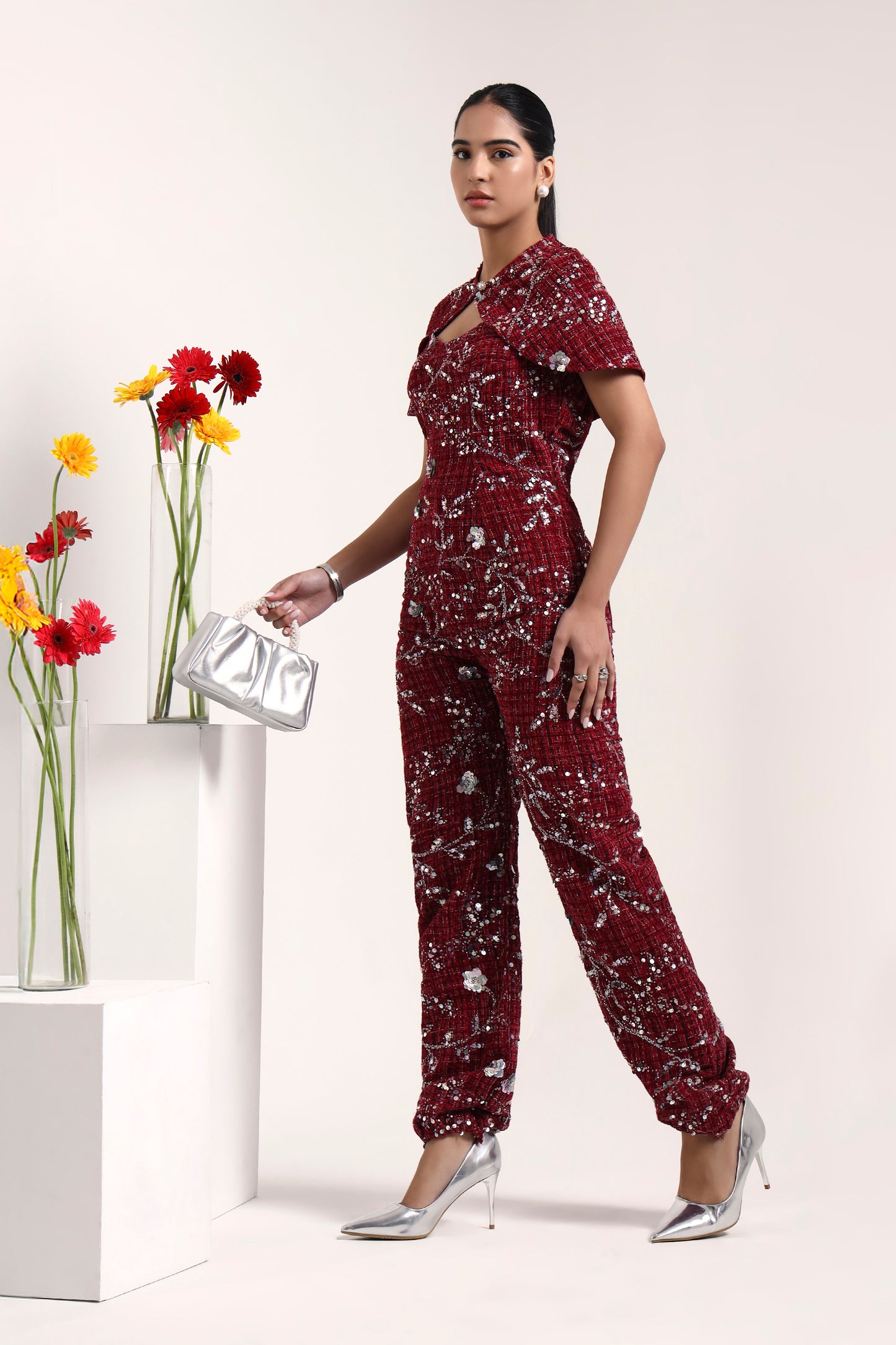 Sangria Embroidered Tweed Jumpsuit & Cape Set