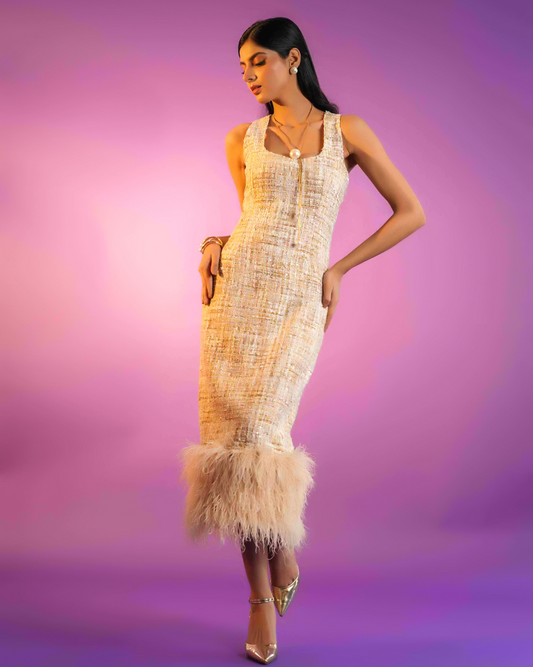 Sylvie Golden Tweed Feather Midi Dress