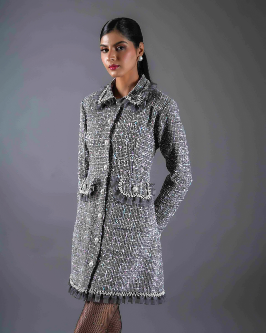 Sephora Grey Dress With Frills & Pearls