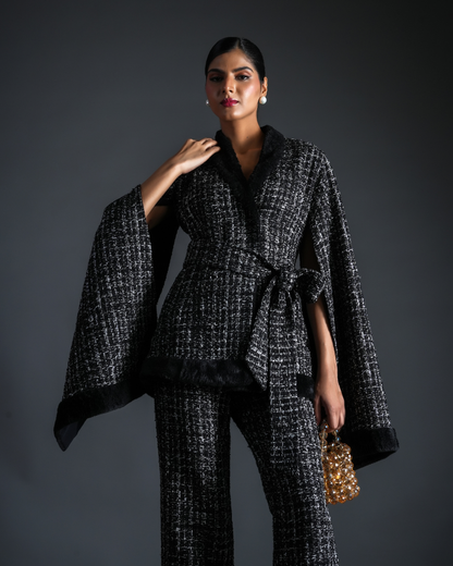 Ember Black Tweed & Fur Kimono With Belt