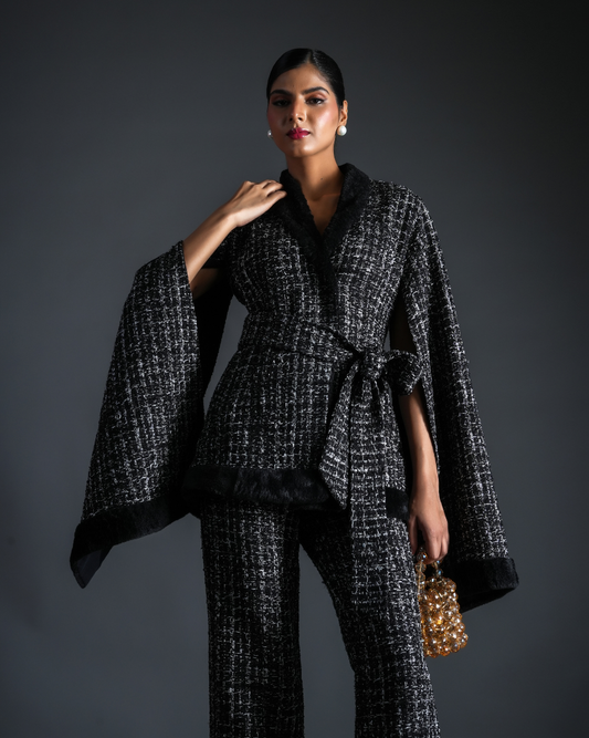 Ember Black Tweed & Fur Kimono With Belt