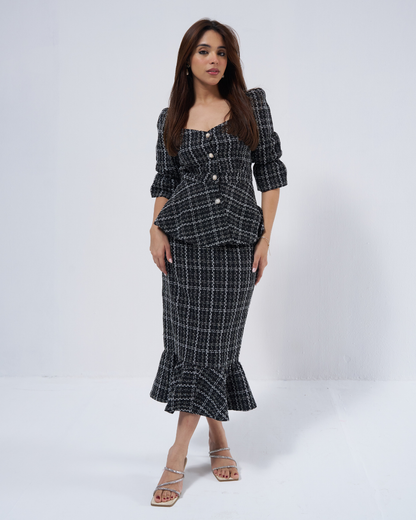 Diane Black Tweed Peplum Top & Skirt – Afwah Diane Black Tweed Peplum Top & Skirt – Afwah