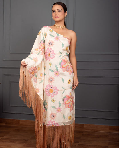 LAYA EMBROIDERED ONE SHOULDER KAFTAN FRINGES DRESS