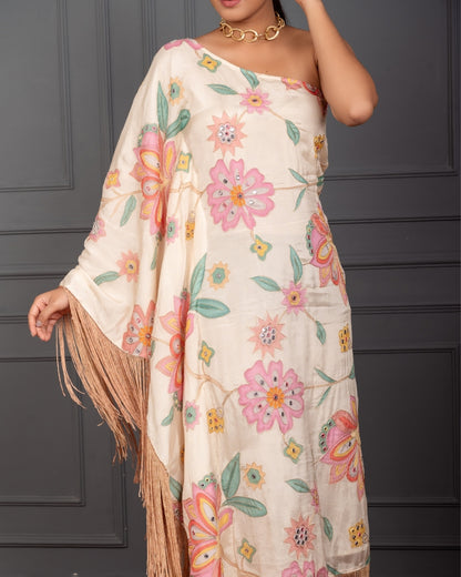 LAYA EMBROIDERED ONE SHOULDER KAFTAN FRINGES DRESS