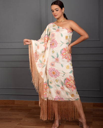 LAYA EMBROIDERED ONE SHOULDER KAFTAN FRINGES DRESS