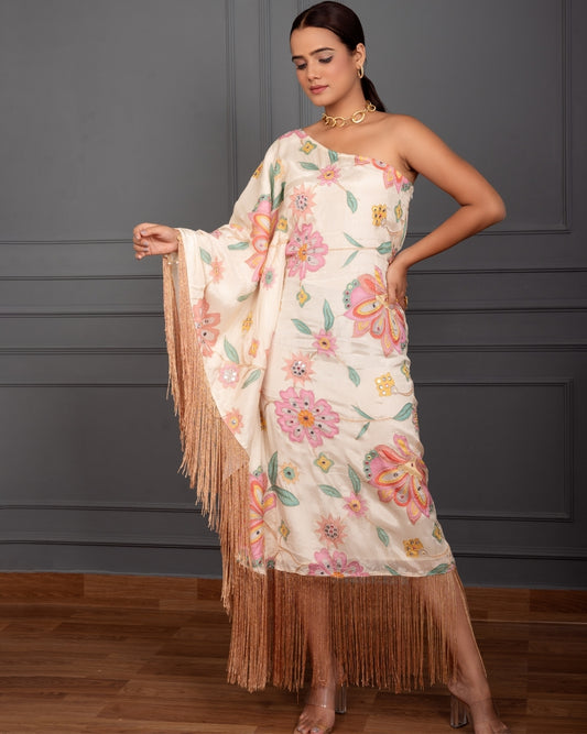 LAYA EMBROIDERED ONE SHOULDER KAFTAN FRINGES DRESS
