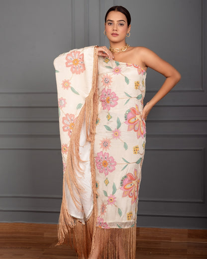 LAYA EMBROIDERED ONE SHOULDER KAFTAN FRINGES DRESS