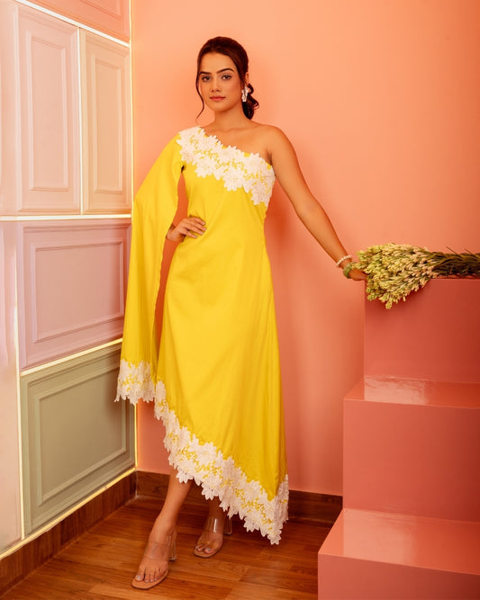 LOLA ONE- SHOULDER CAPE SLEEVE MIDI DRESS