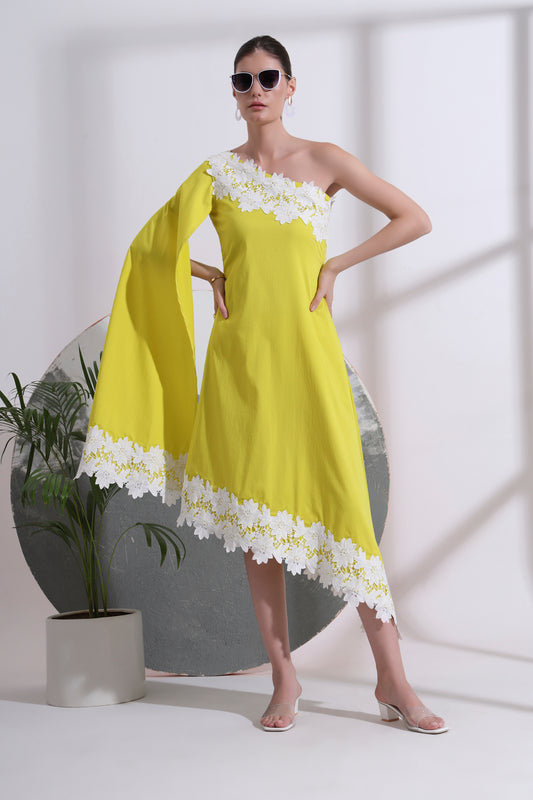 LOLA ONE- SHOULDER CAPE SLEEVE MIDI DRESS