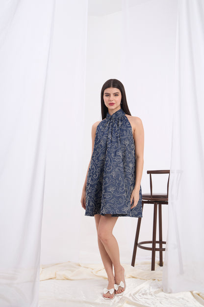 Alessia High Neckline Halter Denim Dress