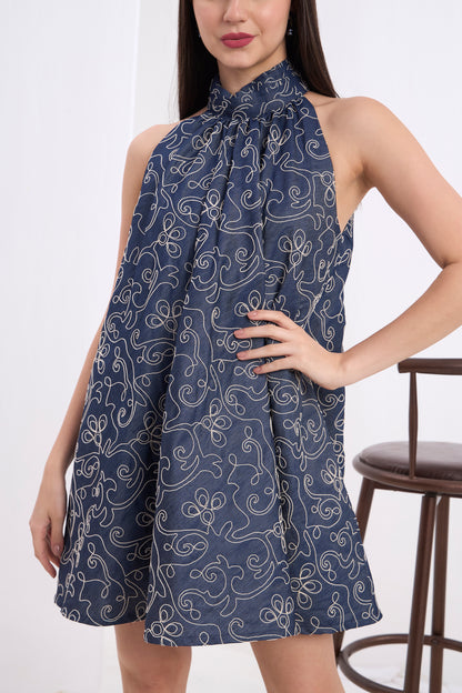 Alessia High Neckline Halter Denim Dress