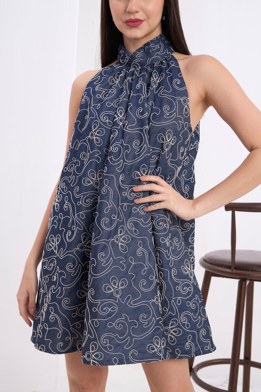 Alessia High Neckline Halter Denim Dress