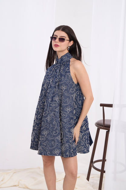 Alessia High Neckline Halter Denim Dress