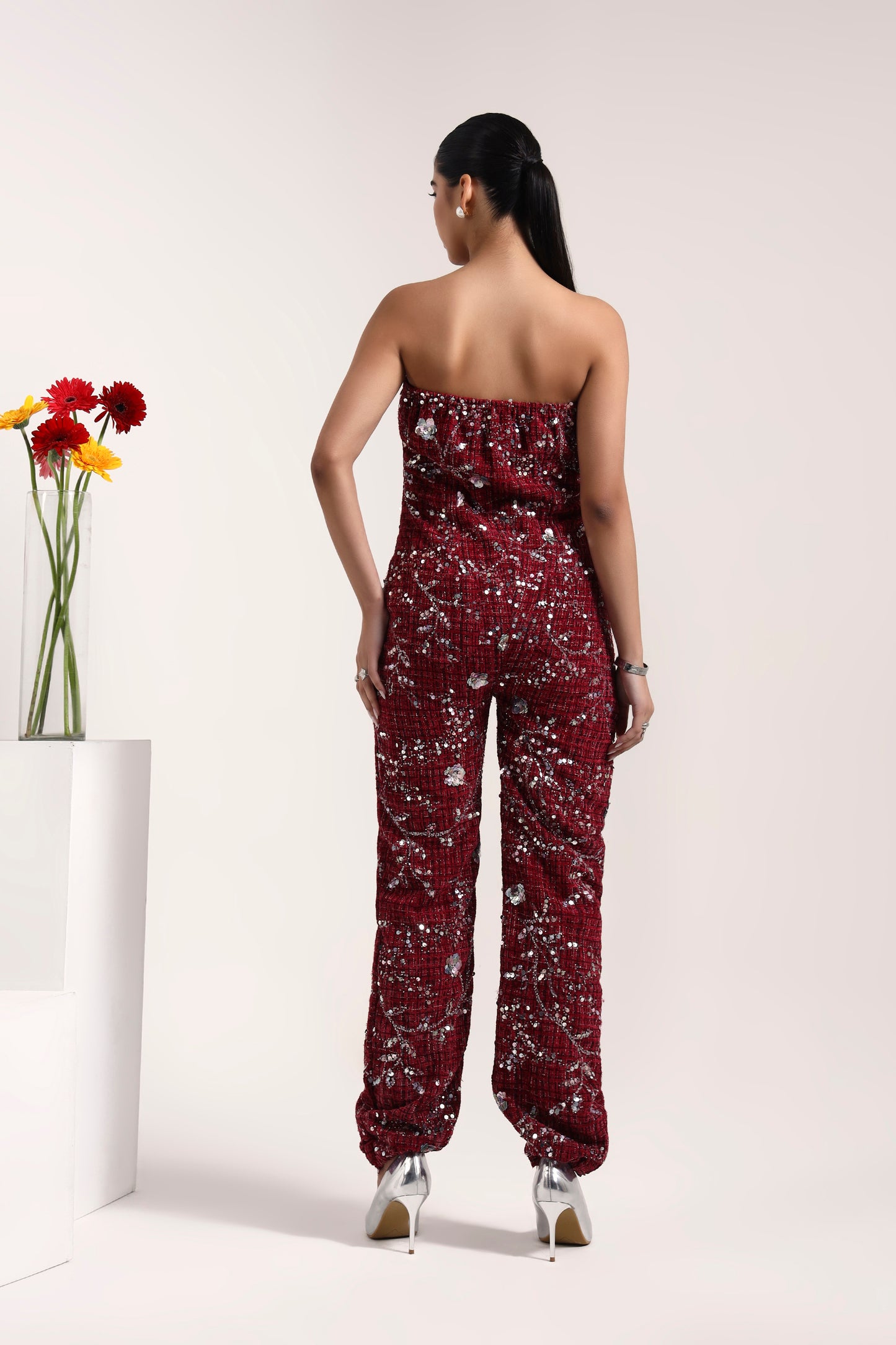 Sangria Embroidered Tweed Jumpsuit & Cape Set