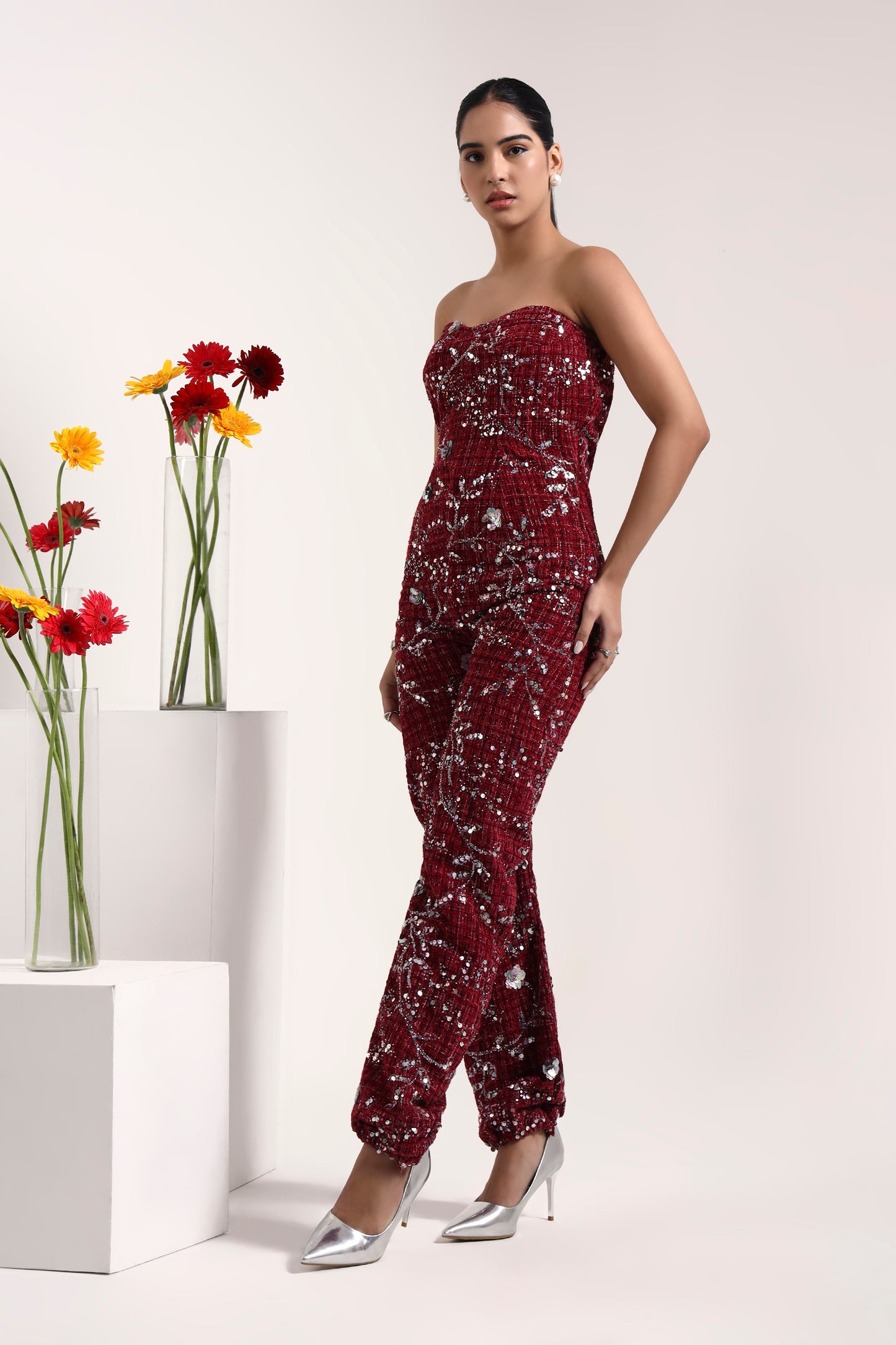Sangria Embroidered Tweed Jumpsuit & Cape Set