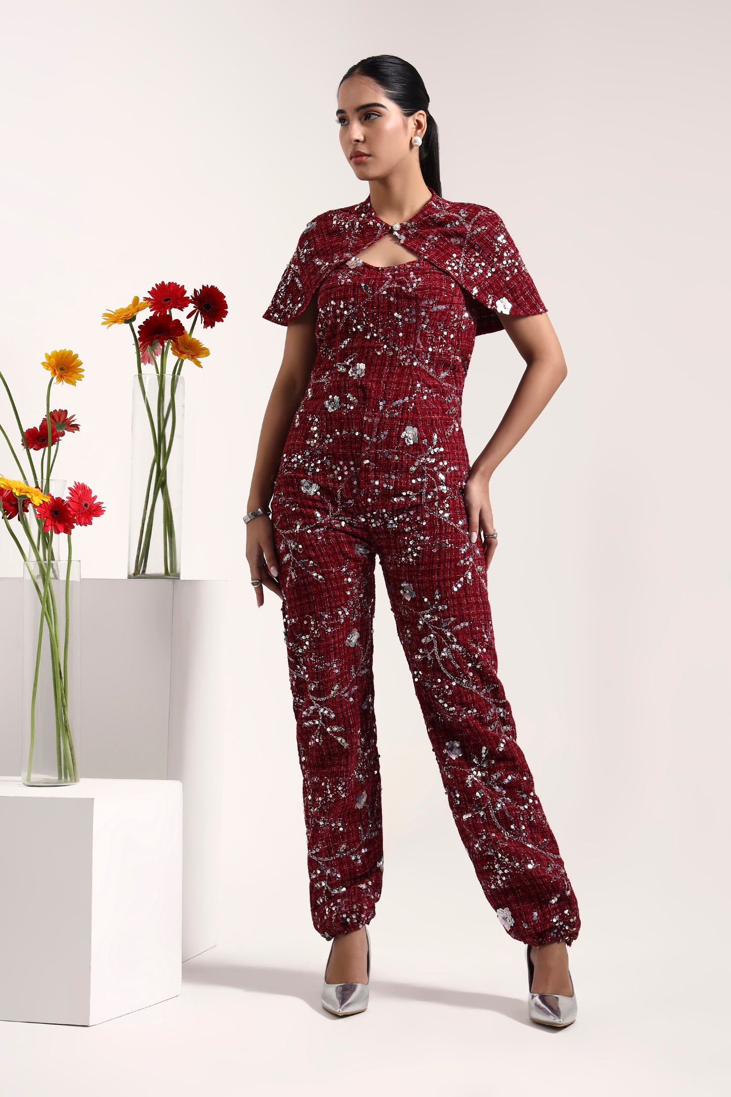 Sangria Embroidered Tweed Jumpsuit & Cape Set