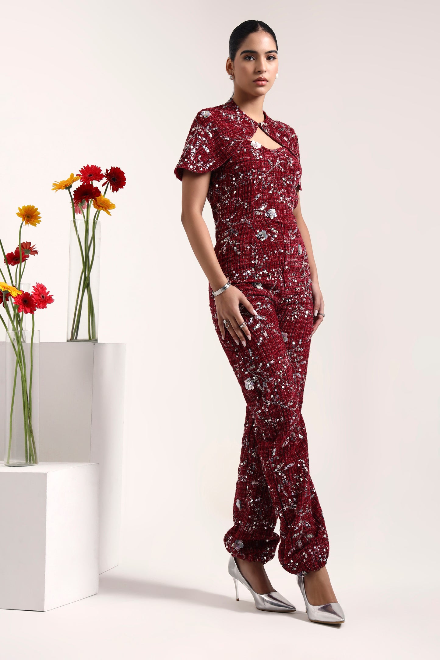 Sangria Embroidered Tweed Jumpsuit & Cape Set