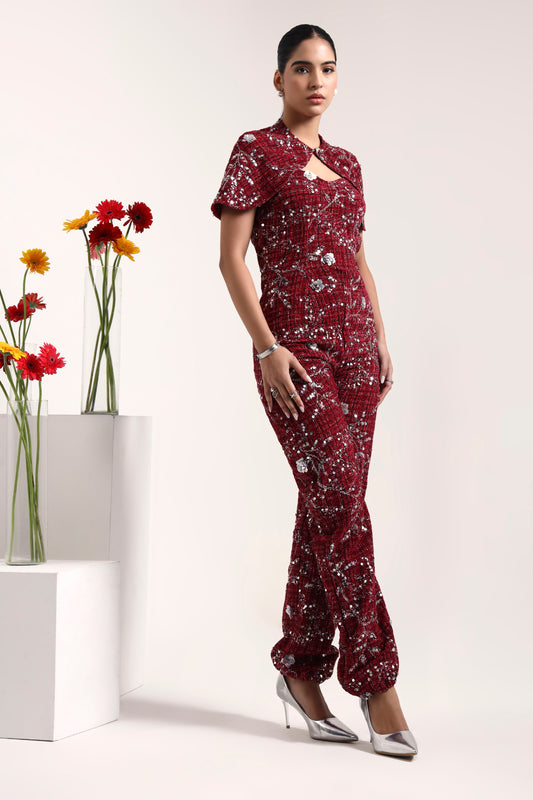 Sangria Embroidered Tweed Jumpsuit & Cape Set