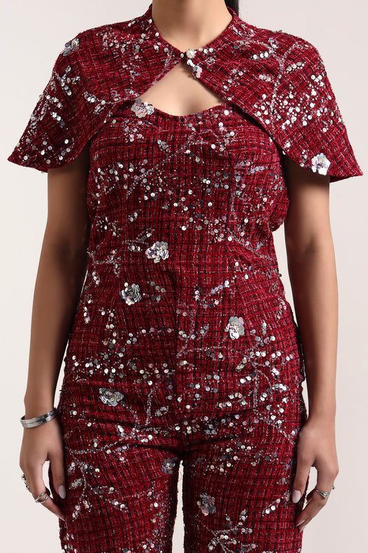 Sangria Embroidered Tweed Cape