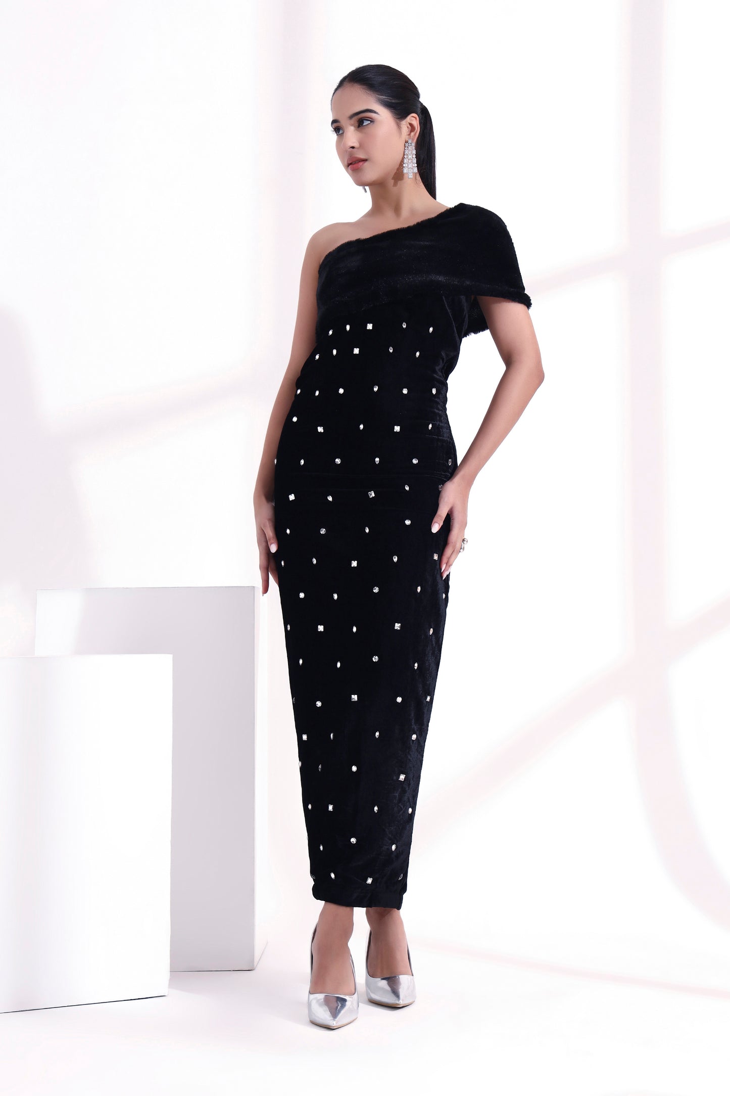 Elara Crystal Velvet & Fur Dress