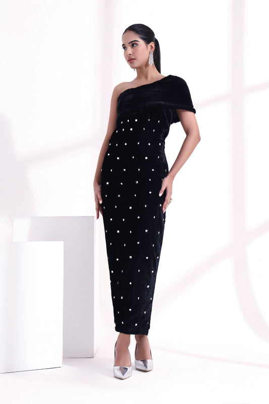 Elara Crystal Velvet & Fur Dress